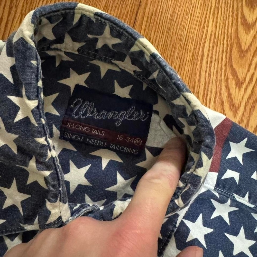 Wrangler Brushpopper Men's Shirt Button Up American Flag Greatest Show Rodeo Med - Picture 5 of 7